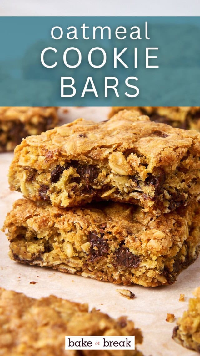 stack of two oatmeal cookie bars with a bite missing from the top bar; text overlay "oatmeal cookie bars"