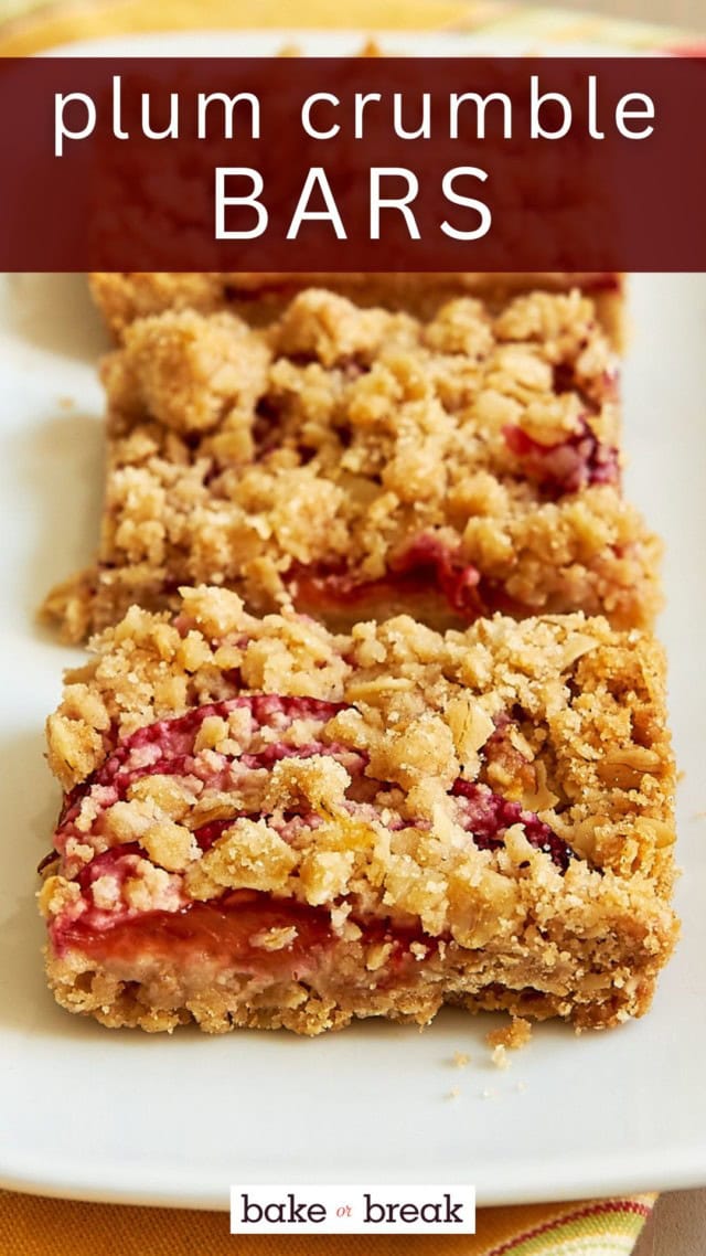 three plum crumble bars on a white plate; text overlay "plum crumble bars"