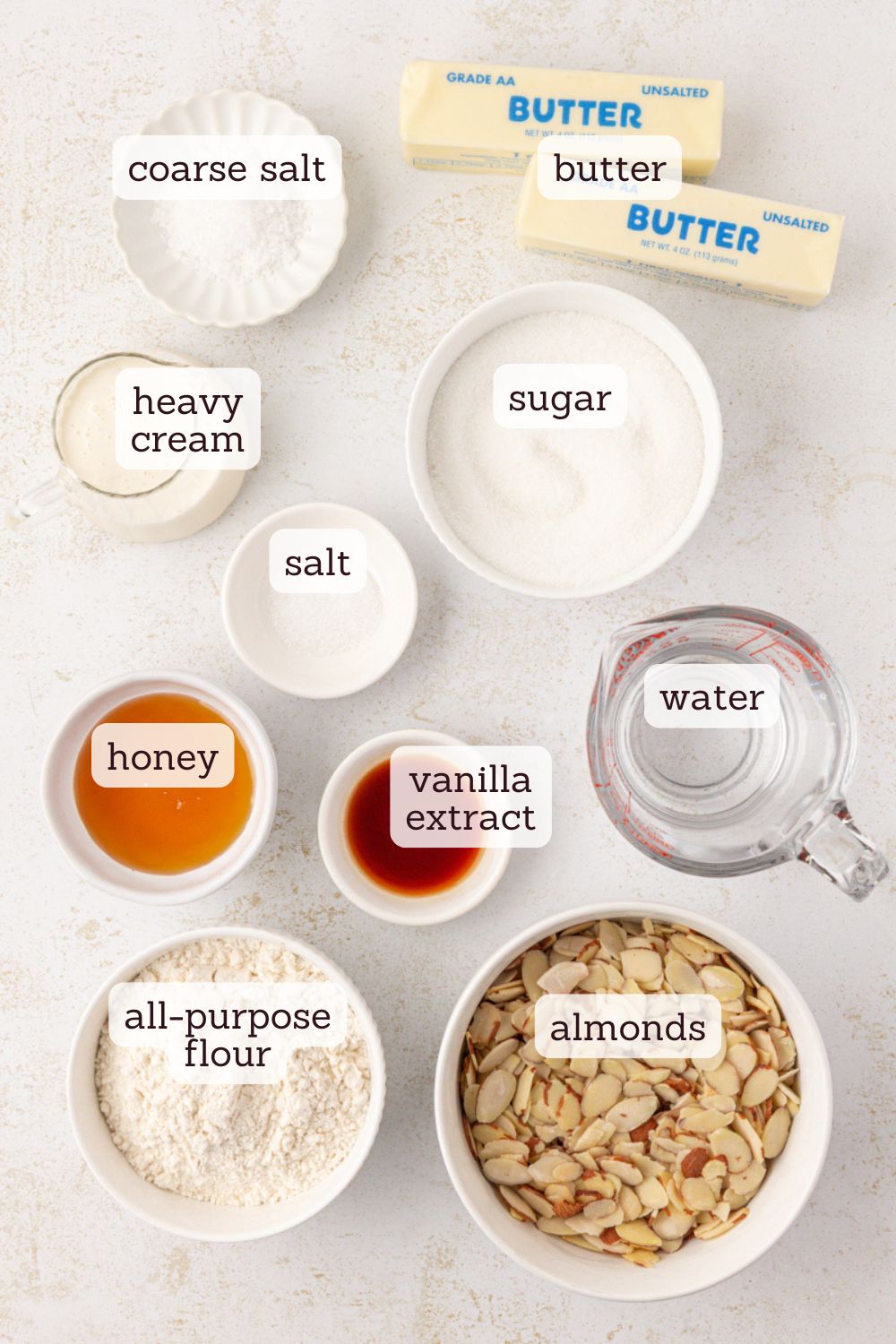 overhead view of ingredients for salted caramel almond bars