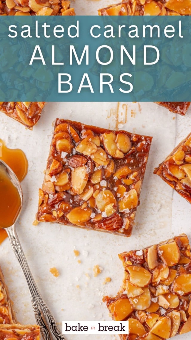 overhead view of salted caramel almond bars on parchment paper; text overlay "salted caramel almond bars"