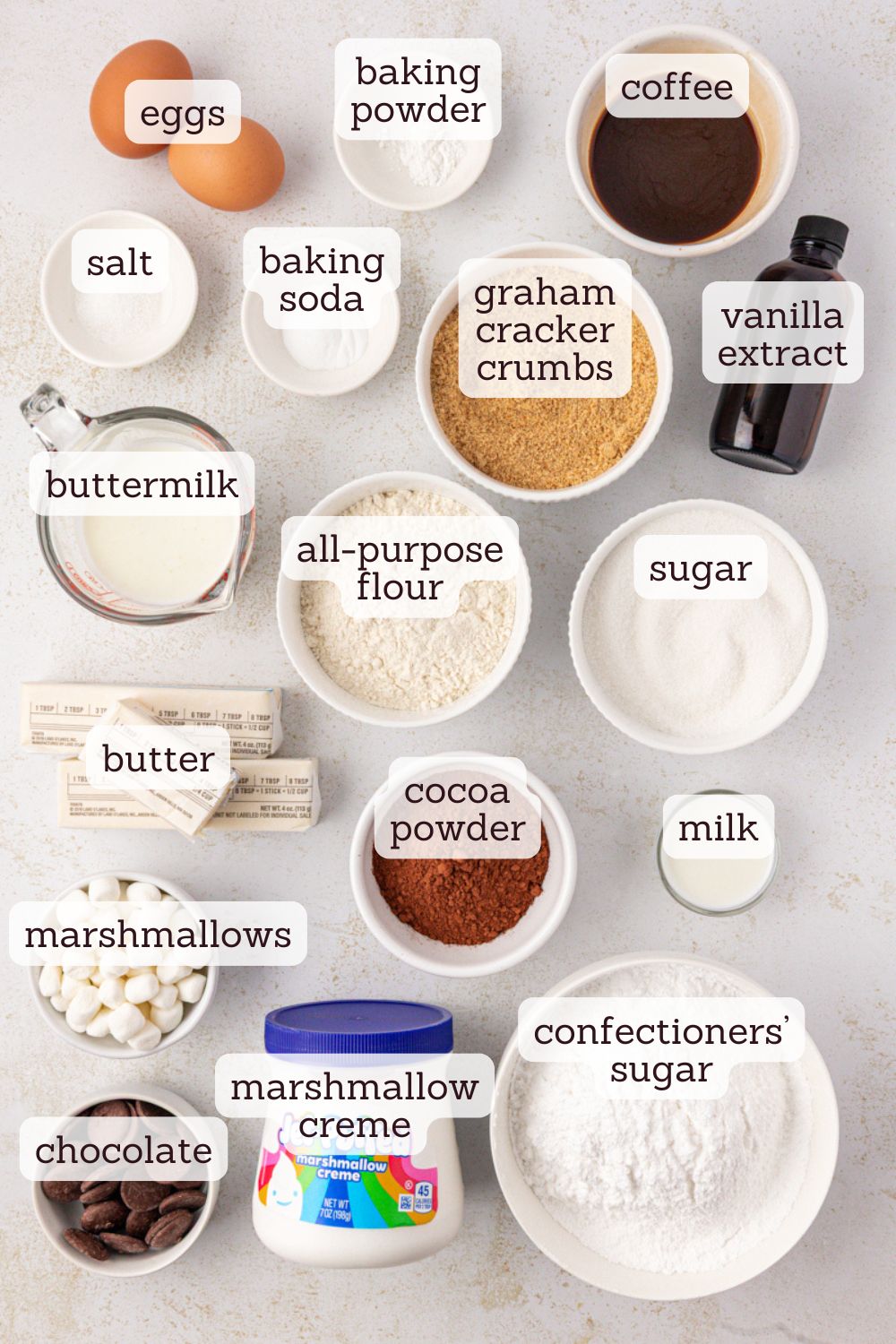 overhead view of ingredients for s'mores cupcakes