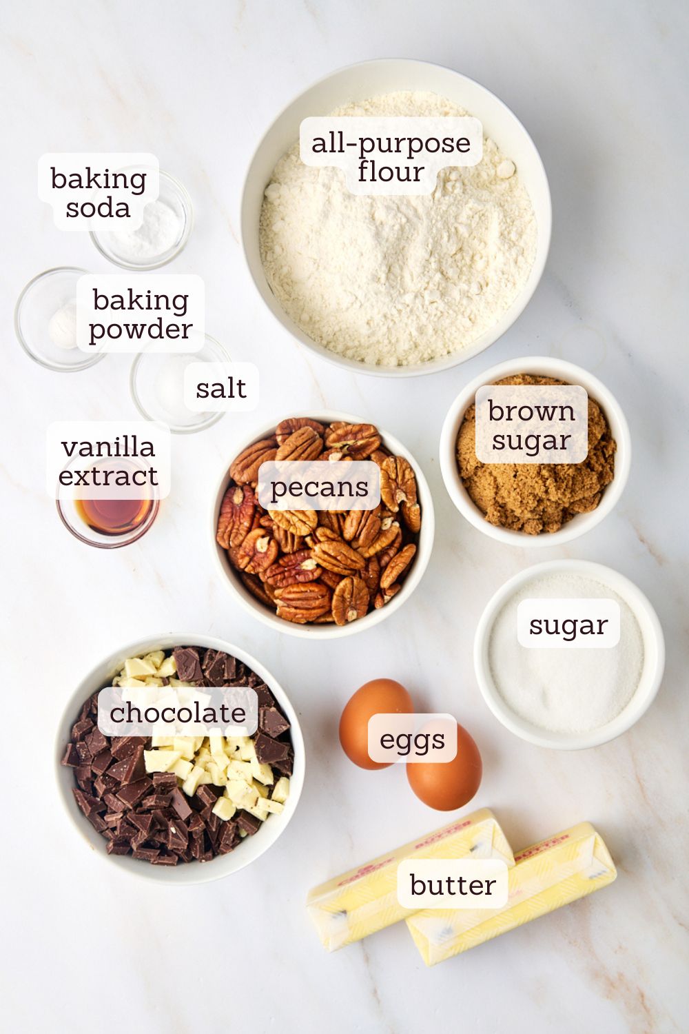 overhead view of ingredients for triple chocolate pecan cookies