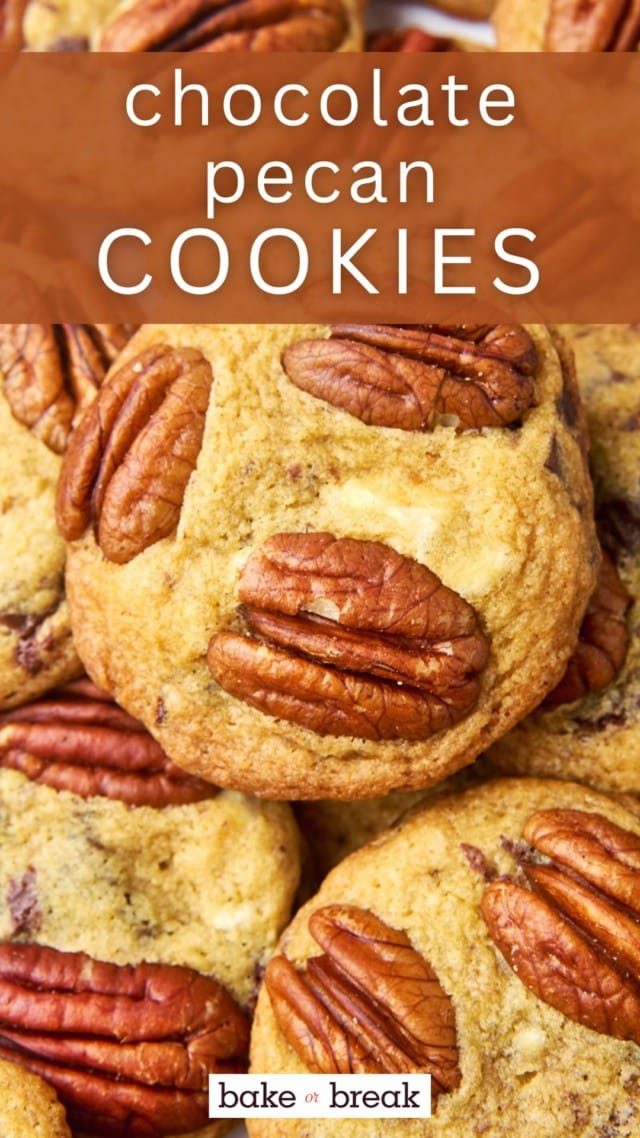pile of triple chocolate pecan cookies; text overlay "chocolate pecan cookies"