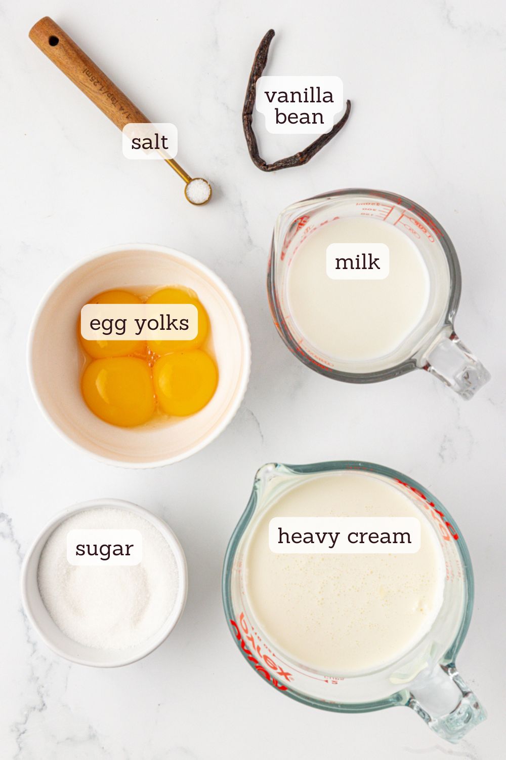 overhead view of ingredients for vanilla bean pots de crème