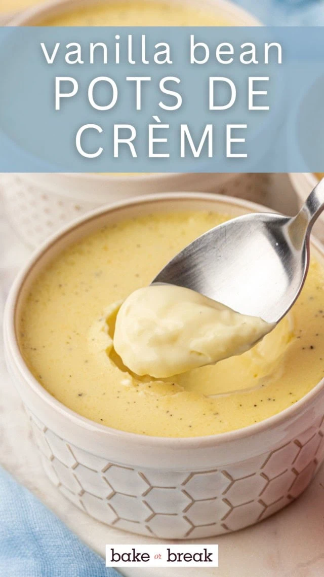 a spoonful of vanilla bean pots de crème with the remaining custard below; text overlay "vanilla bean pots de crème"