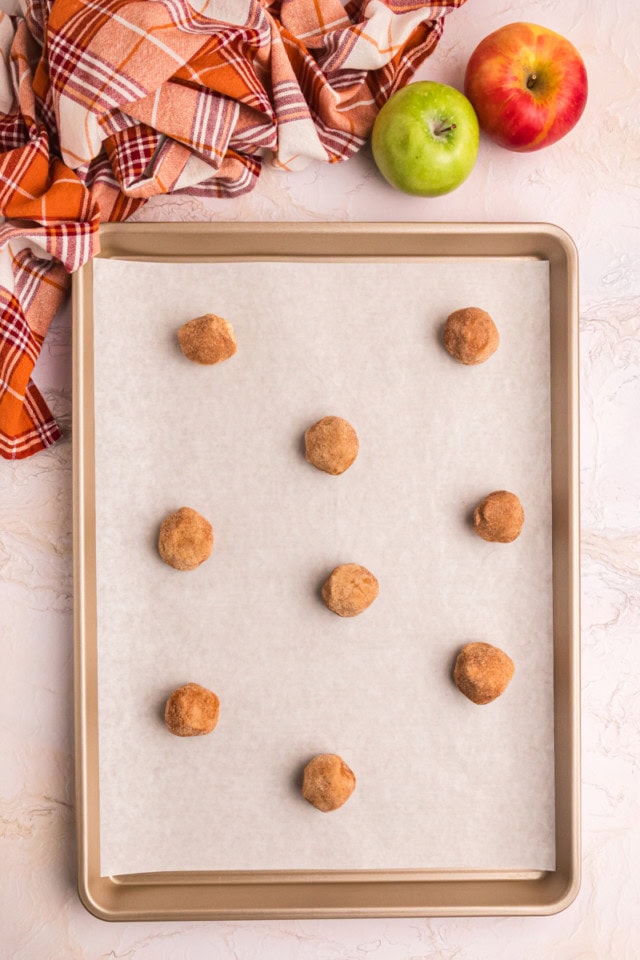 overhead view of apple butter snickerdoodles on a parchment-lined baking sheet ready to go into the oven