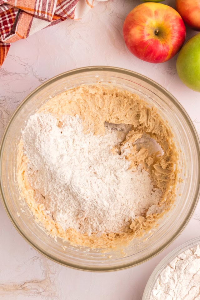 overhead view of dry ingredients added to wet ingredients for apple butter snickerdoodles