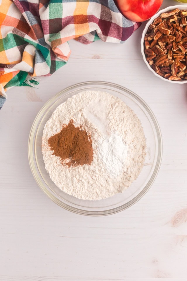 overhead view of flour, baking powder, cinnamon, and salt in a glass mixing bowl