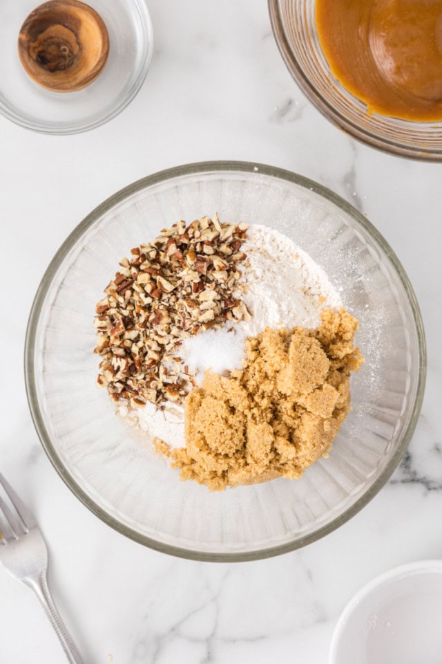 overhead view of flour, brown sugar, chopped nuts, and salt in a glass bowl