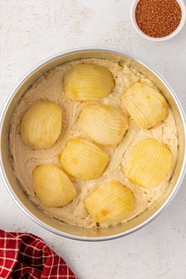 overhead view of German apple cake batter topped with sliced apple quarters in a springform pan