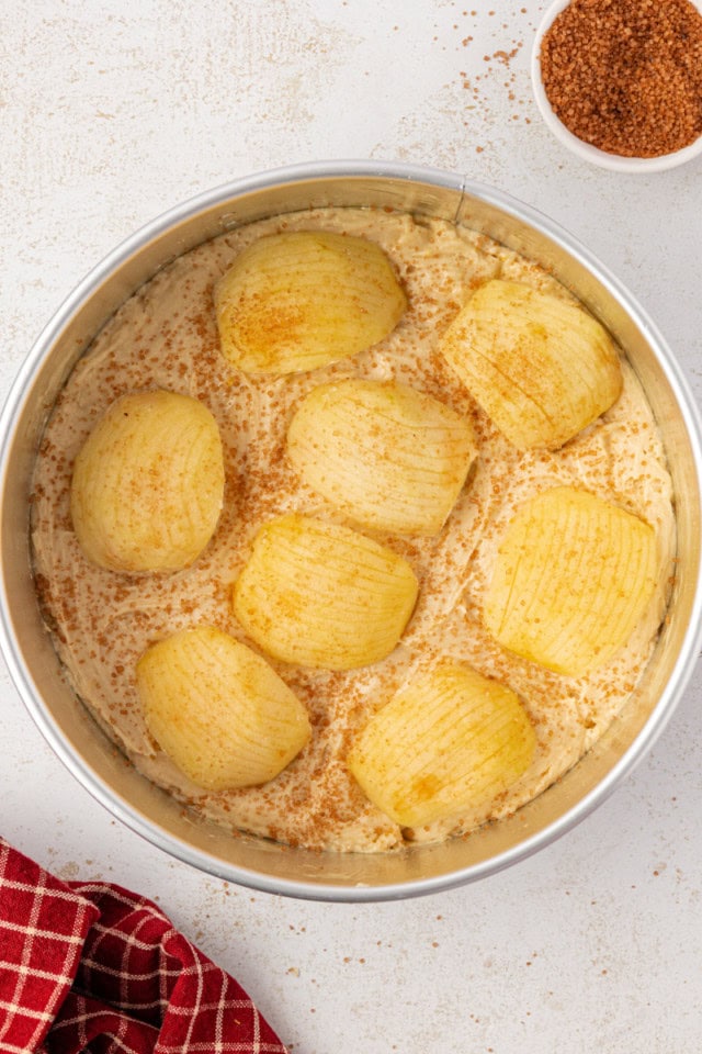 overhead view of German apple cake batter in a springform pan ready to go into the oven