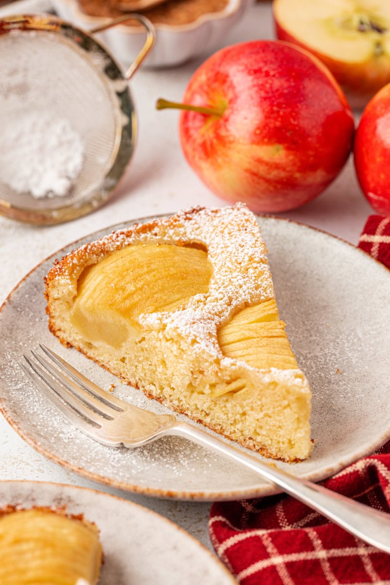 a slice of German apple cake on a plate with fresh apples in the background