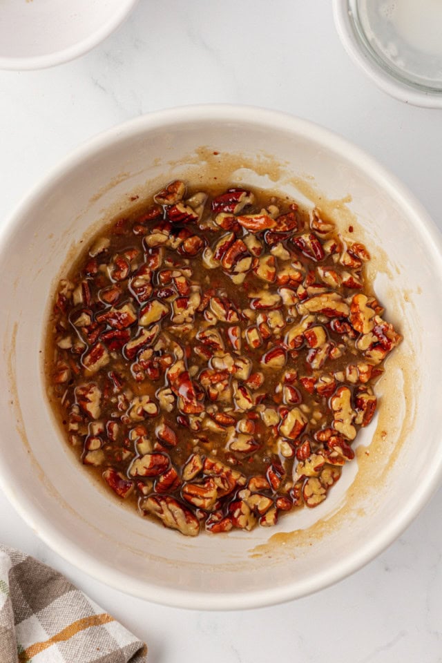 overhead view of topping mixture for pecan praline muffins