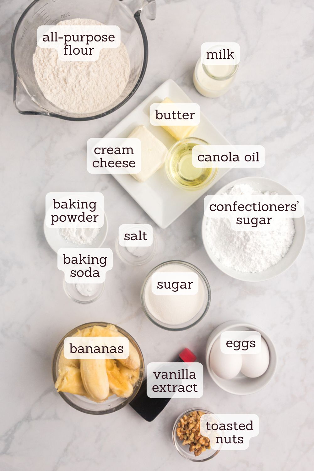 overhead view of ingredients for banana cake with cream cheese frosting