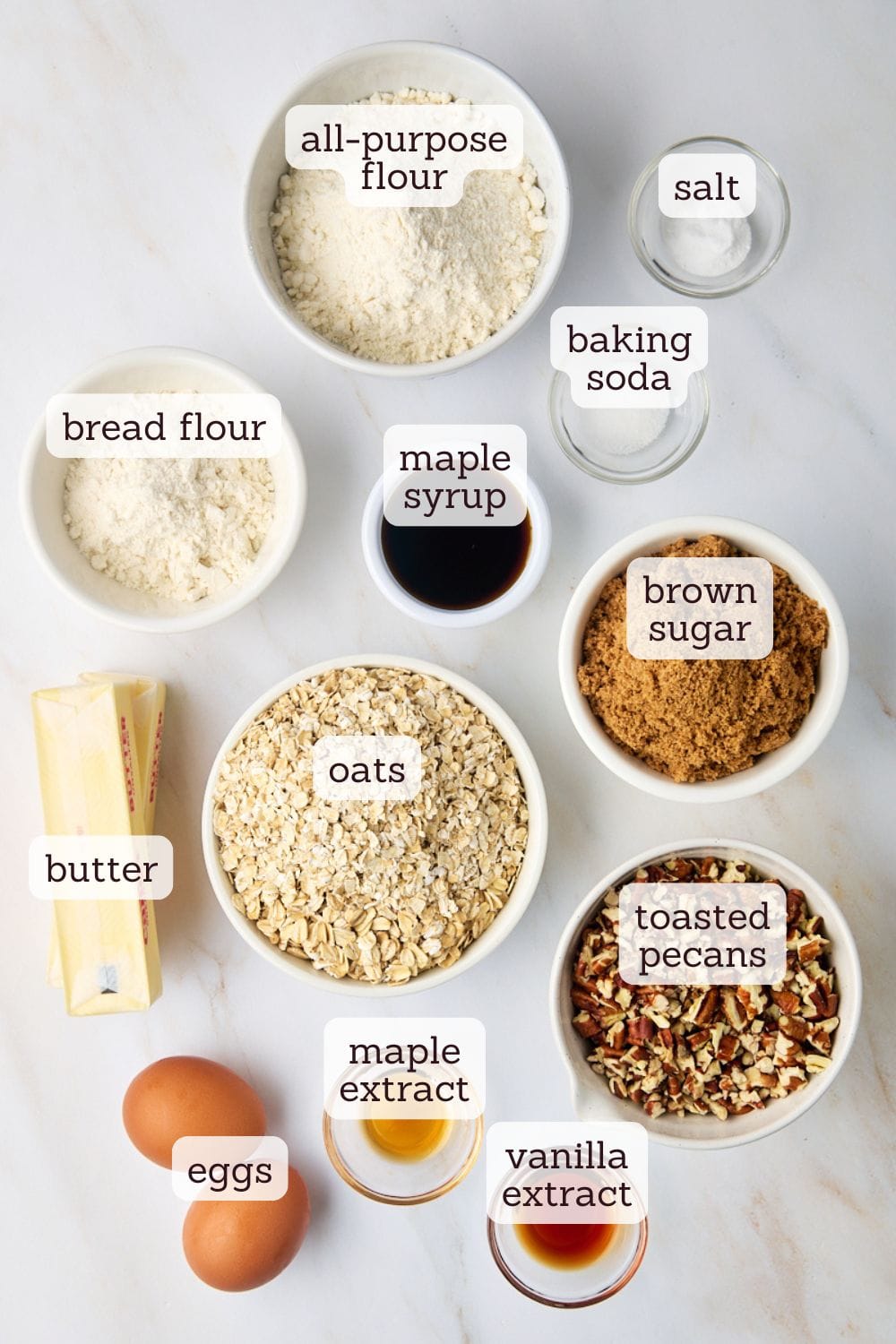 overhead view of ingredients for brown butter maple oatmeal cookies