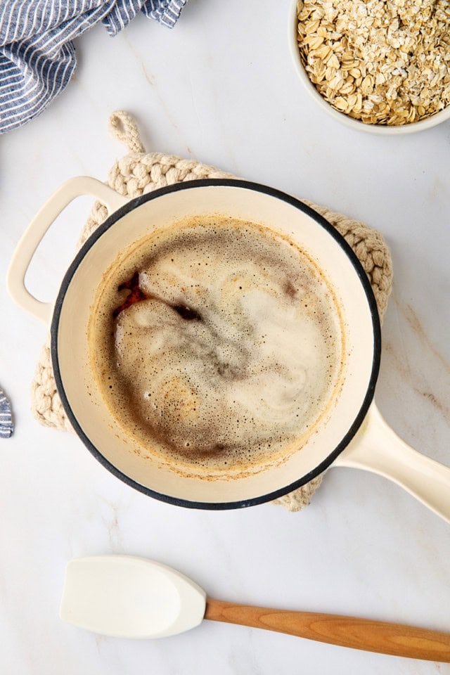 overhead view of browned butter in a saucepan