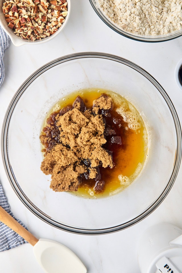 overhead view of brown butter and brown sugar in a glass mixing bowl
