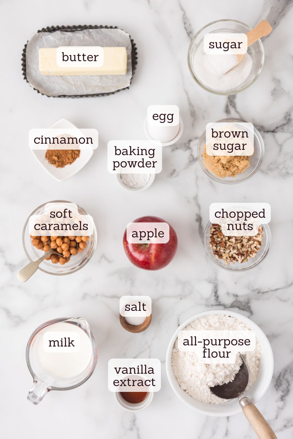 overhead view of ingredients for caramel apple crumb cake