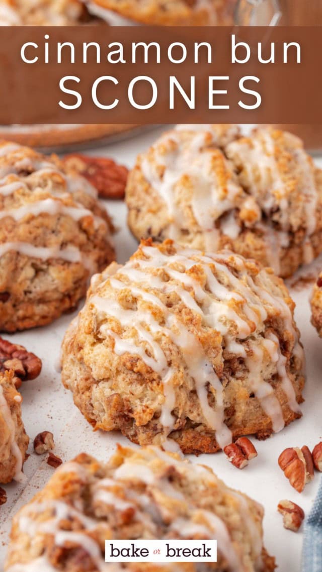 cinnamon bun scones on a white surface; text overlay "cinnamon bun scones"