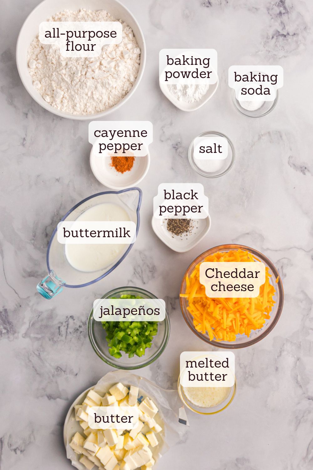 overhead view of ingredients for jalapeño cheddar biscuits