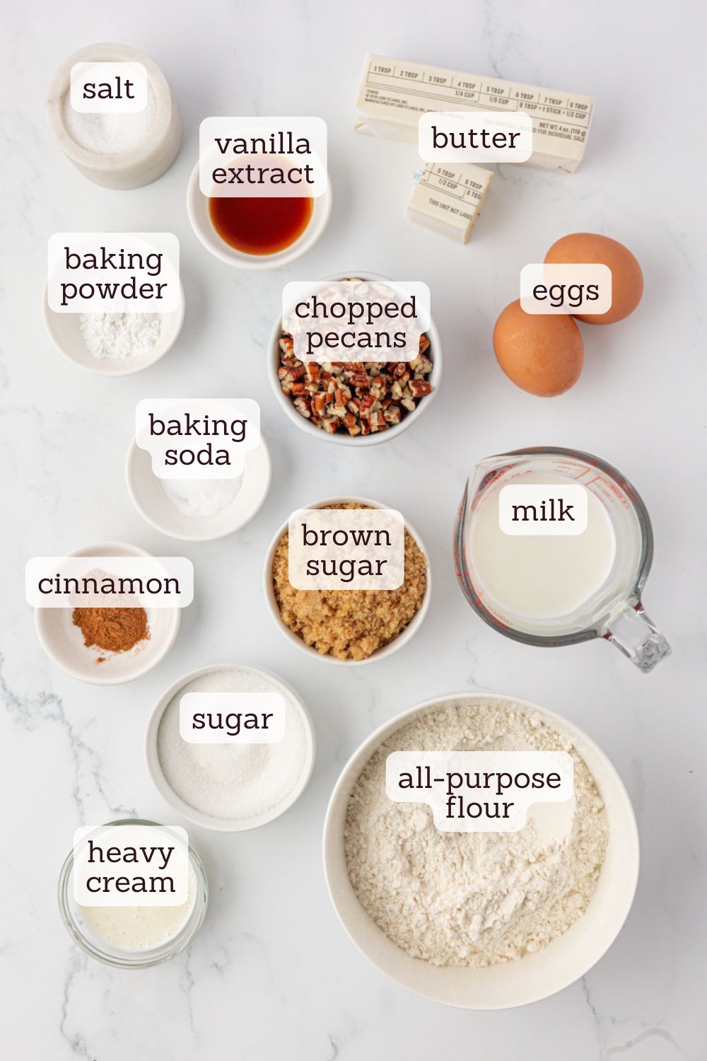 overhead view of ingredients for pecan praline muffins