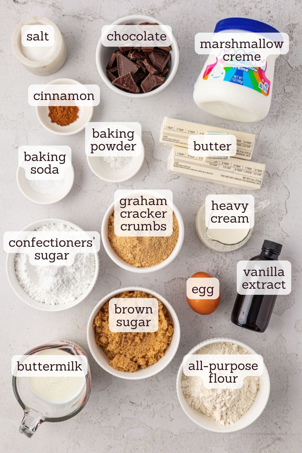 overhead view of ingredients for s'mores whoopie pies