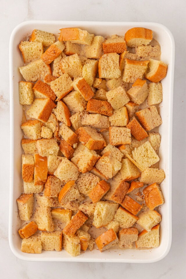 overhead view of baked French toast assembled and ready to refrigerate before baking