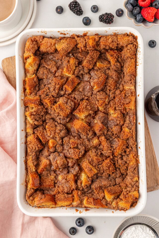 overhead view of freshly baked overnight French toast in a white rectangular pan