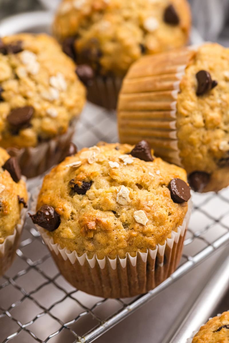 banana oatmeal chocolate chip muffins on a wire rack