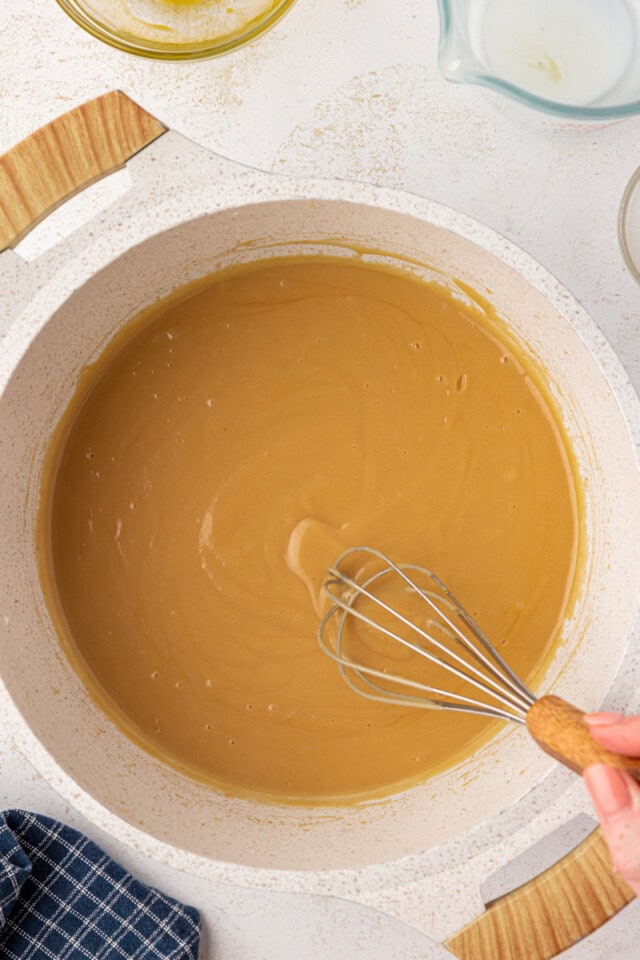overhead view of butterscotch pie filling in a saucepan