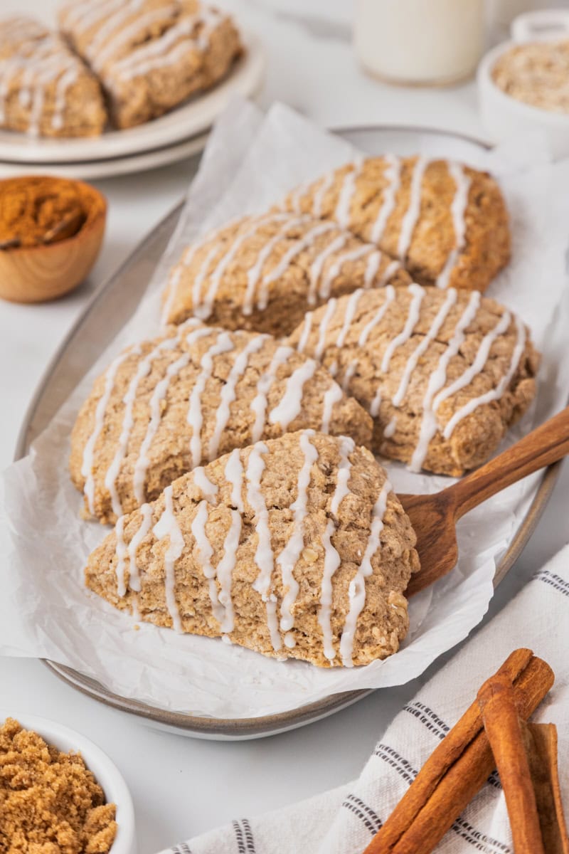 cinnamon oat scones served on a white plate