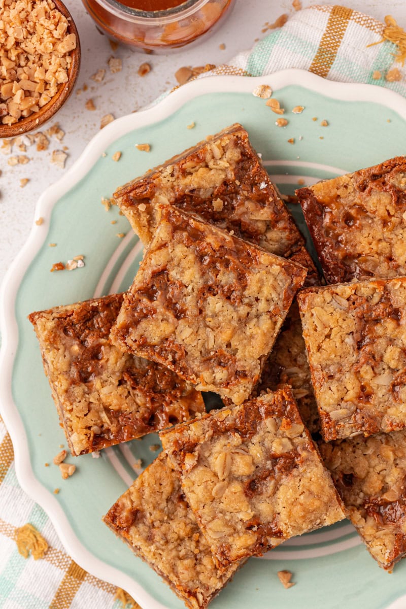 overhead view of dulce de leche bars on a light blue plate