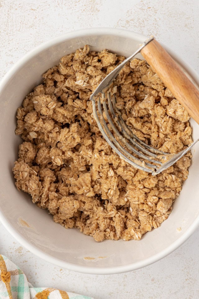 overhead view of oat crust mixture in a white mixing bowl