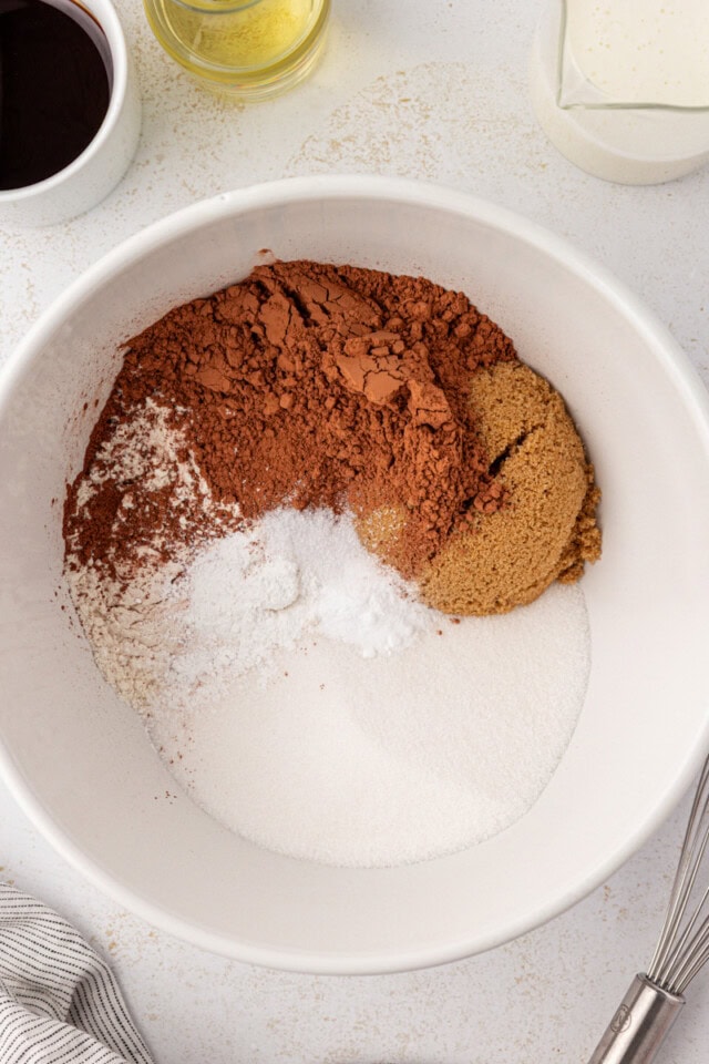 overhead view of flour, sugars, cocoa powder, baking soda, baking powder, and salt in a white mixing bowl