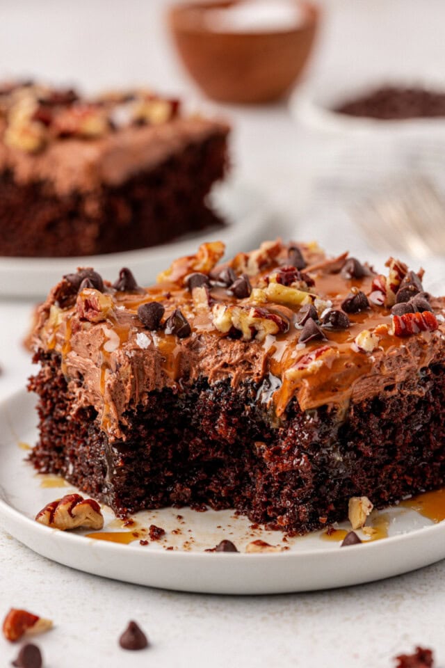 a slice of turtle cake with a bite missing on a white plate, with another slice of cake in the background