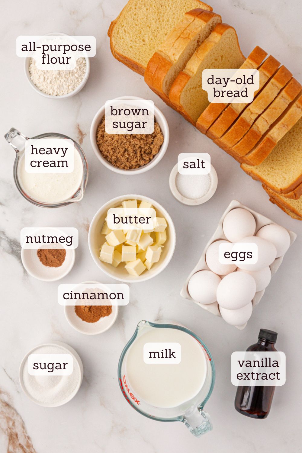 overhead view of ingredients for baked French toast