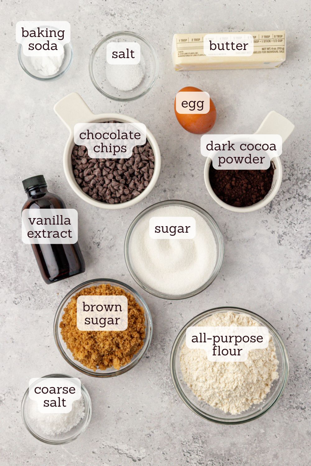 overhead view of ingredients for black cocoa cookies