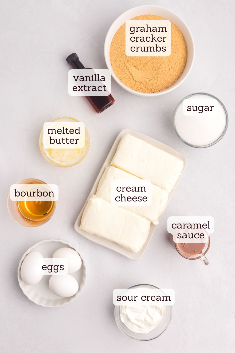 overhead view of ingredients for bourbon caramel swirl cheesecake