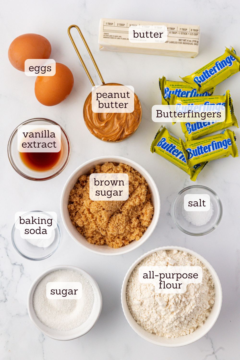 overhead view of ingredients for Butterfinger cookies