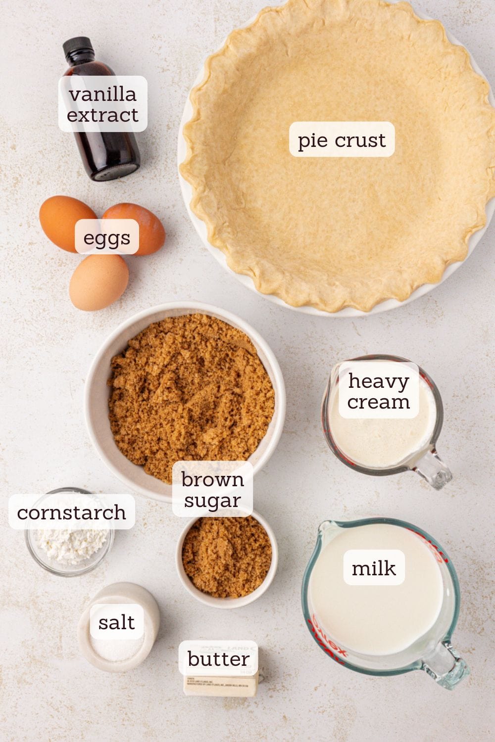 overhead view of ingredients for butterscotch pie and brown sugar whipped cream