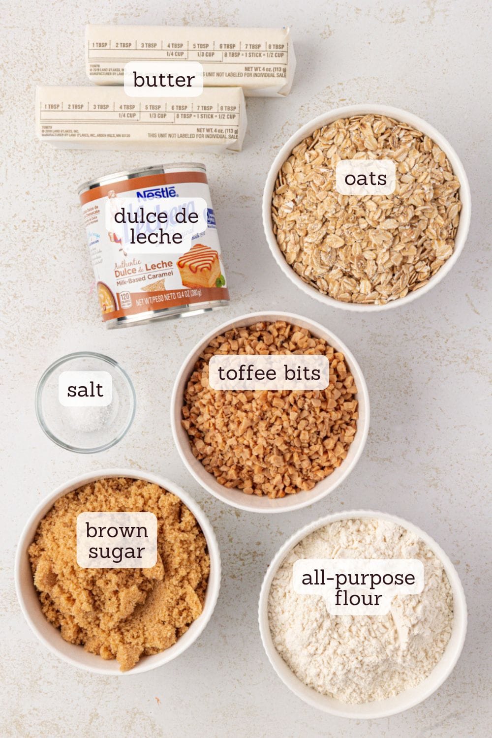 overhead view of ingredients for dulce de leche bars