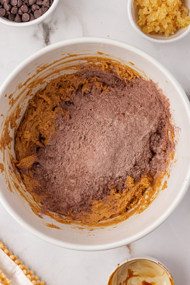 overhead view of dry ingredients added to wet ingredients for chocolate ginger cookie dough