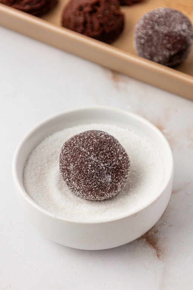 a chocolate ginger cookie dough ball being rolled in sugar