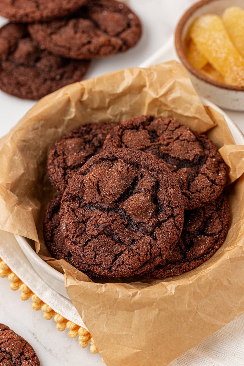 chocolate ginger cookies in a parchment lined bowl