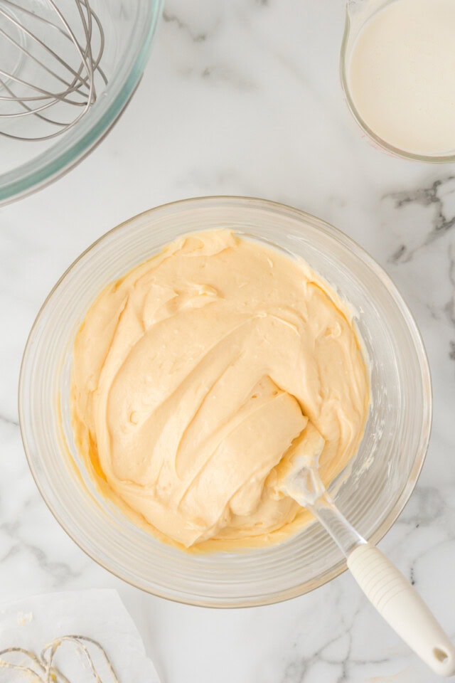 overhead view of pudding mixture combined with beaten cream cheese