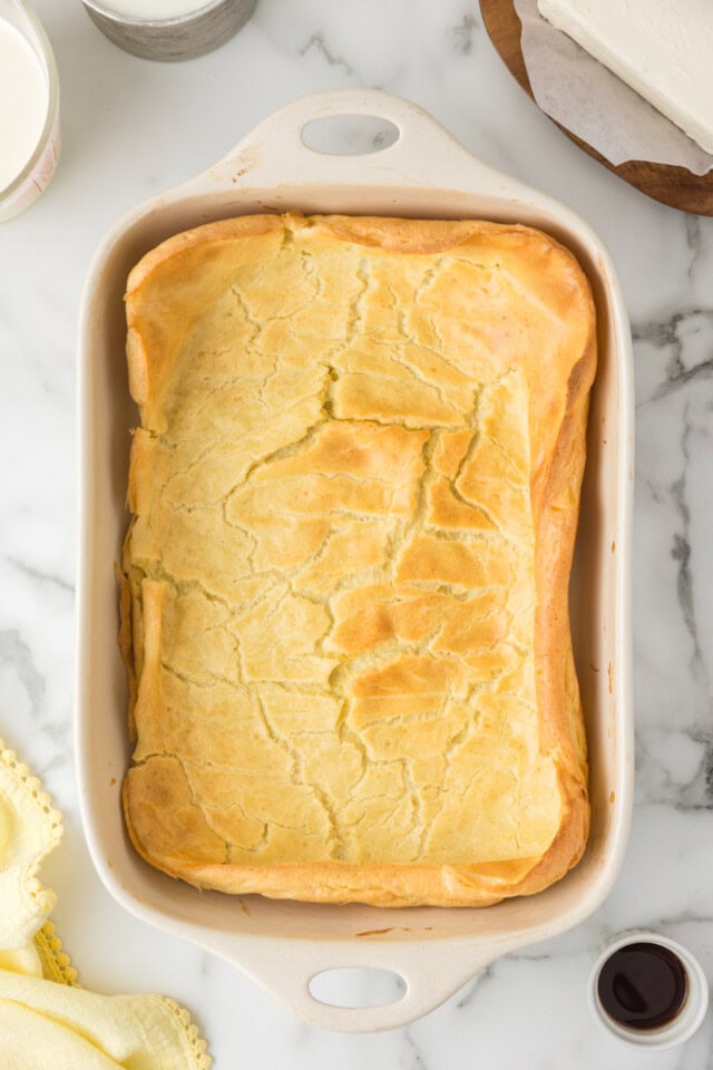 overhead view of freshly baked choux pastry layer for cream puff cake