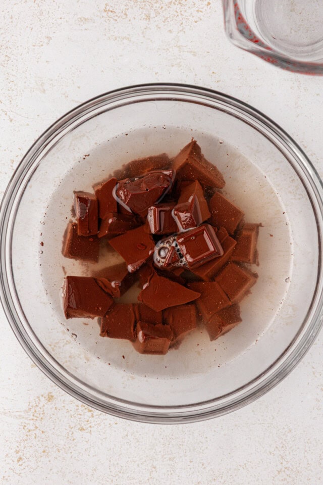 overhead view of German's chocolate in boiling water