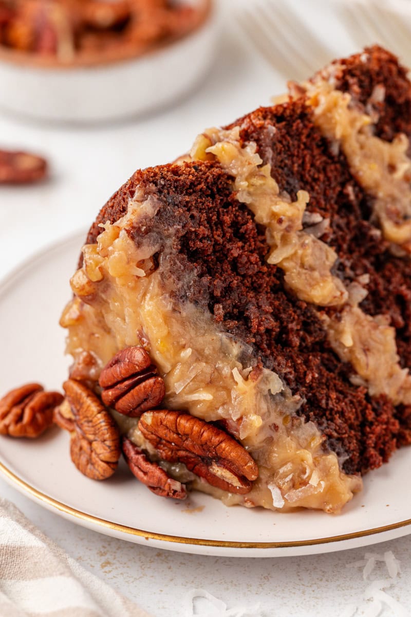 close-up view of a slice of German chocolate cake on a white plate