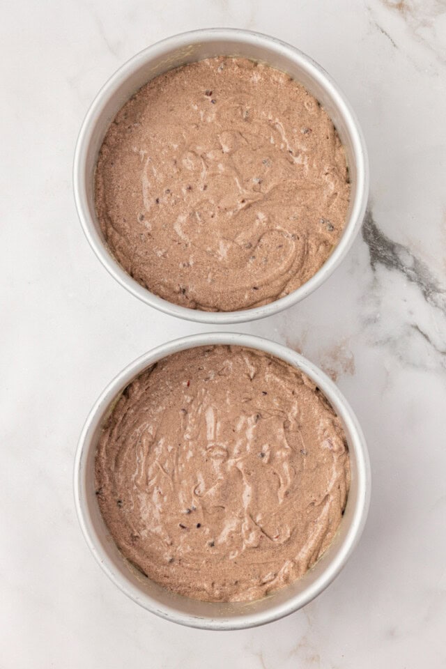overhead view of Kentucky jam cake batter in two round cake pans ready to go into the oven