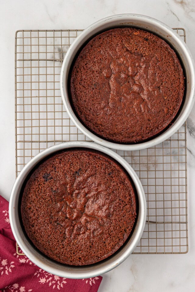 overhead view of freshly baked Kentucky jam cake layers in two round cake pans on a wire rack